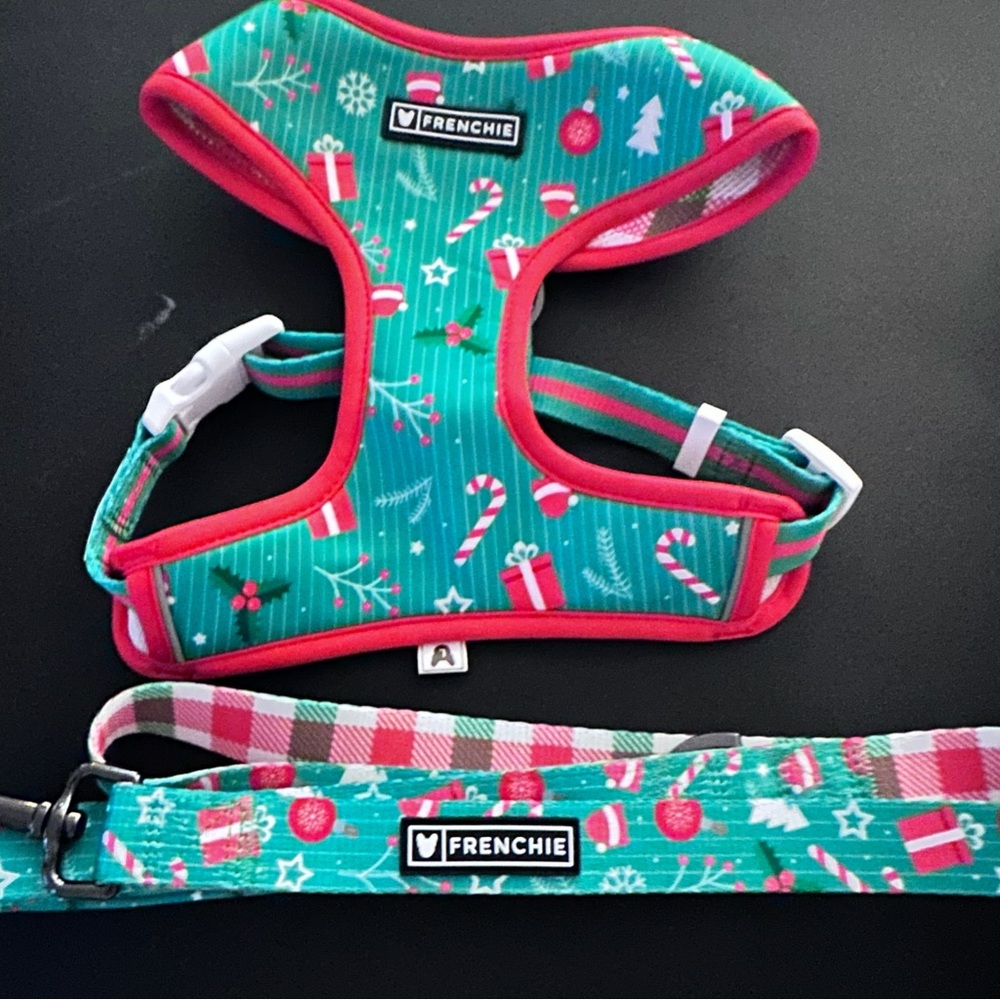 Frenchie Bulldog Supply Harness Dog Reversible & Matching Leash Christmas Large
